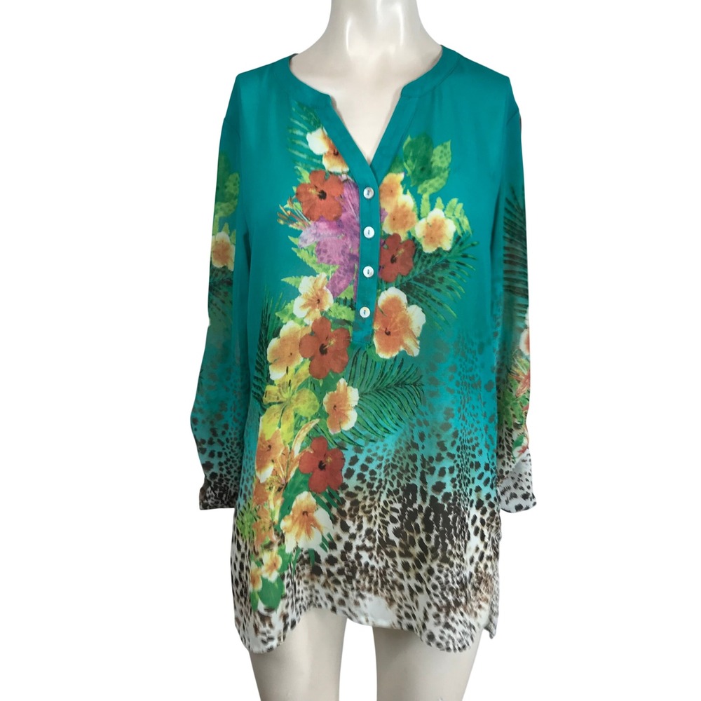 Soft Surroundings Teal Floral Leopard Print V Neck Tunic Blouse Women's Small